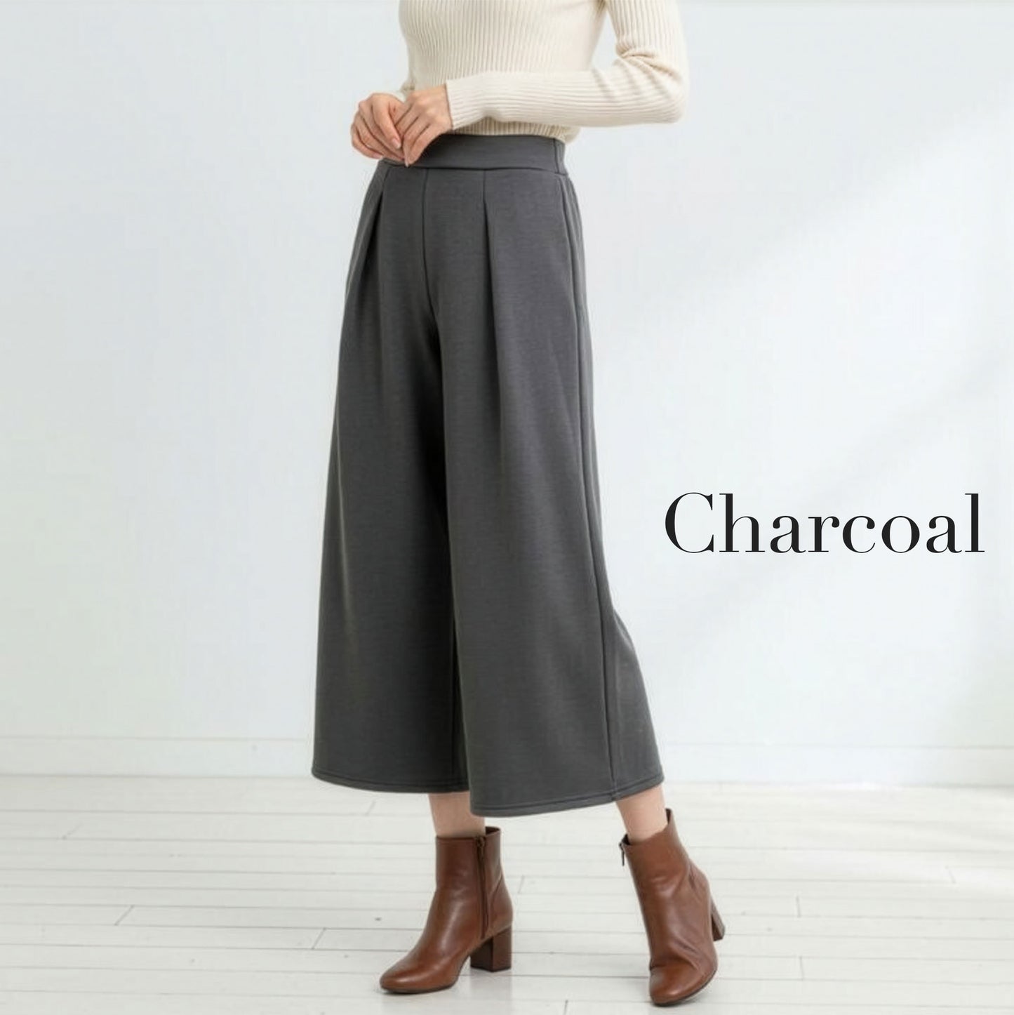 裏起毛ストレッチクロップド丈ワイドパンツ M、L、LL