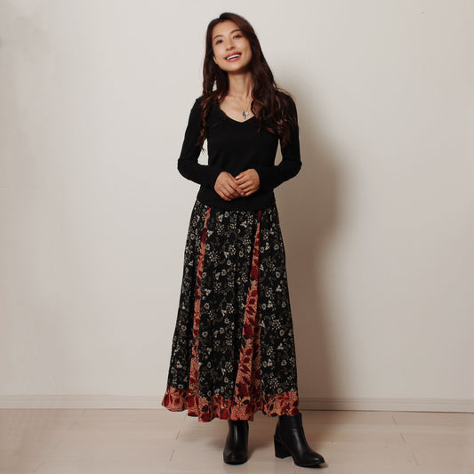 ロング スカート 重ね風 小花柄 シフォン 切り替え マキシスカート M〜L メール便メール便送料